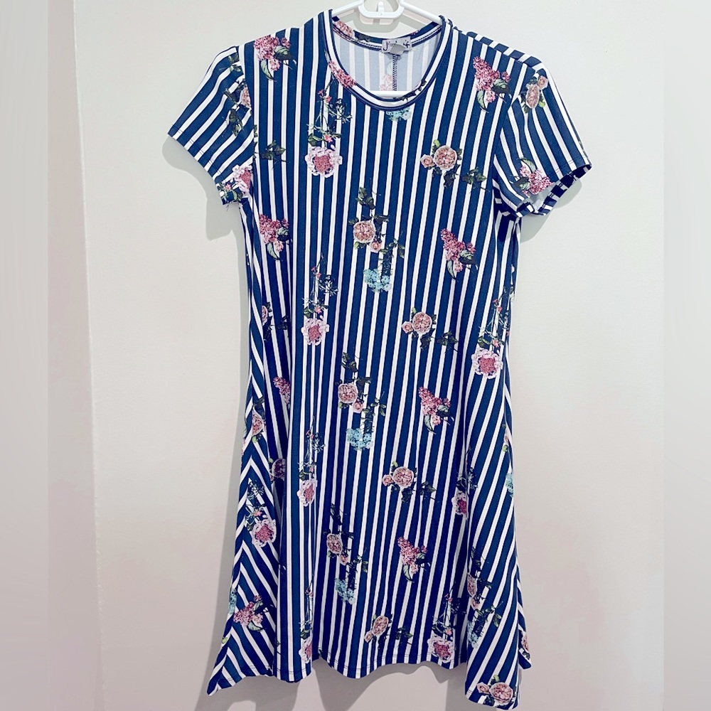 Blue and white stripes with flowers Small swing dress